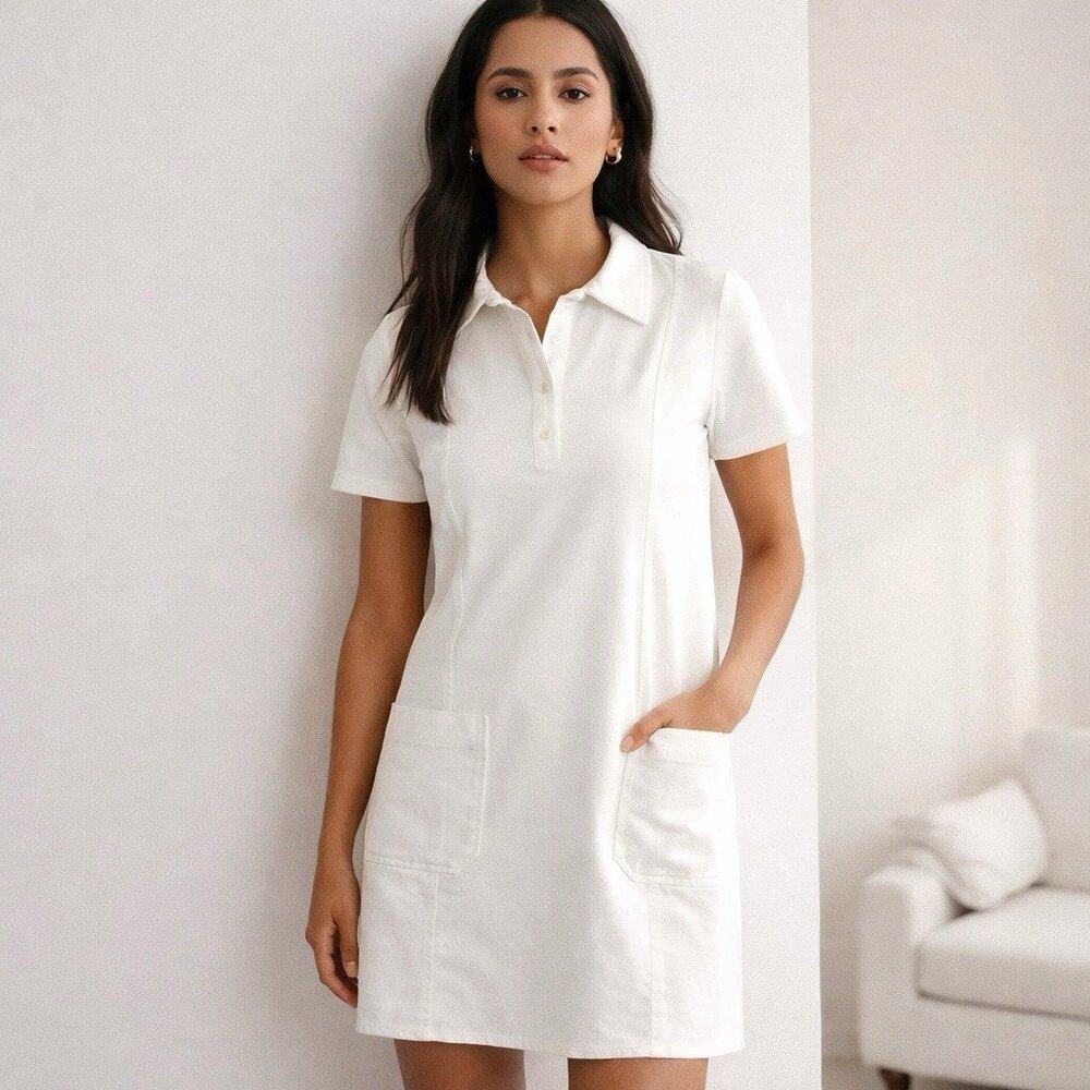 ZARA White Denim Mini Polo Dress M Preppy Minimalist Clean Girl Collared Pockets